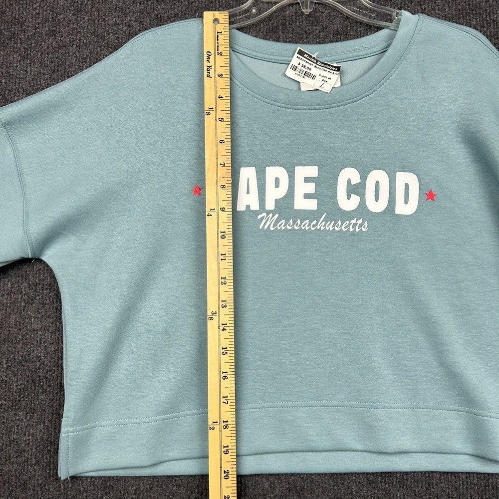 ALL CLOUD Cape Cod Mass. Large Long Sleeve Crop Sweater Slate Blue Beach Coastal - Picture 12 of 13